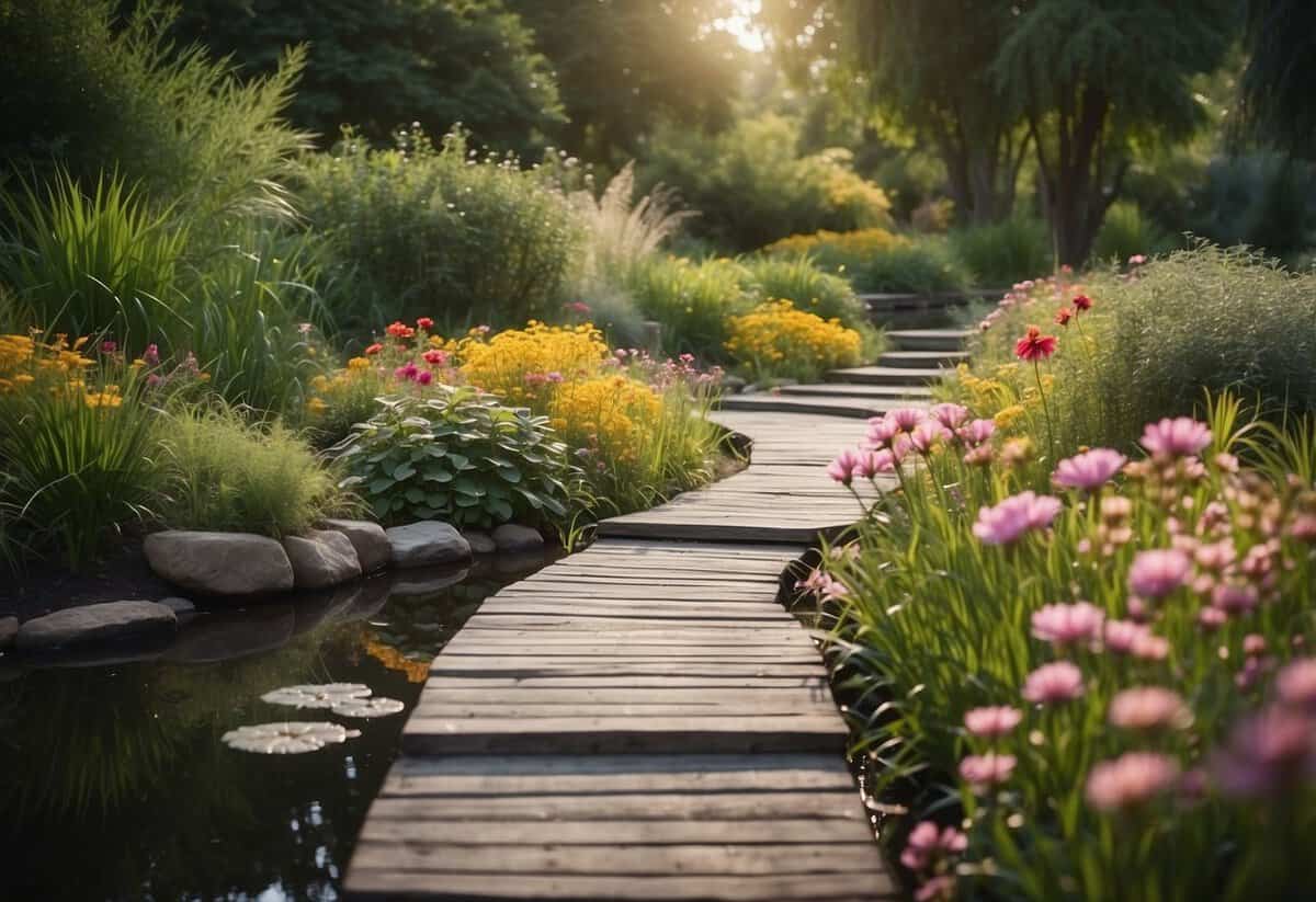 A winding pathway with stepping stones crosses over a tranquil pond in a lush garden. Tall grasses and colorful flowers line the edges, creating a peaceful and inviting atmosphere