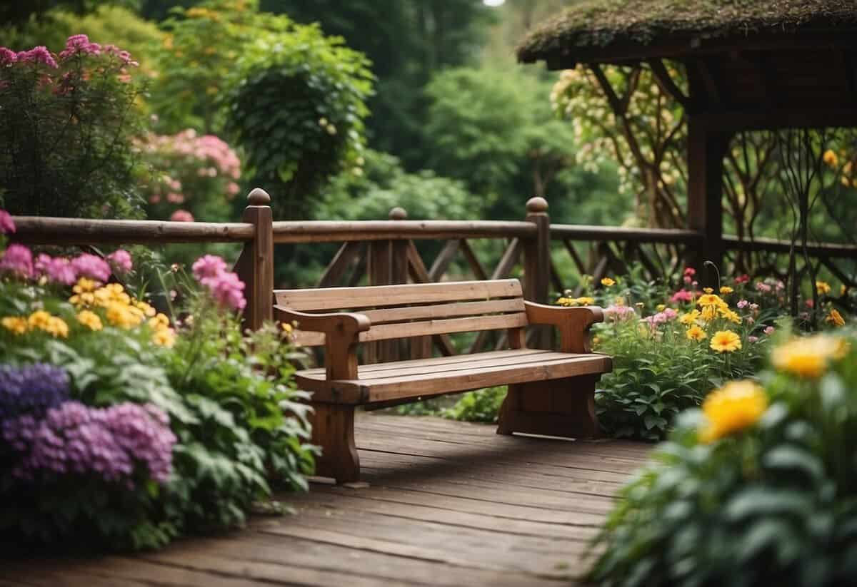 A cozy seating area nestled under a wooden bridge in a lush garden with colorful flowers and greenery