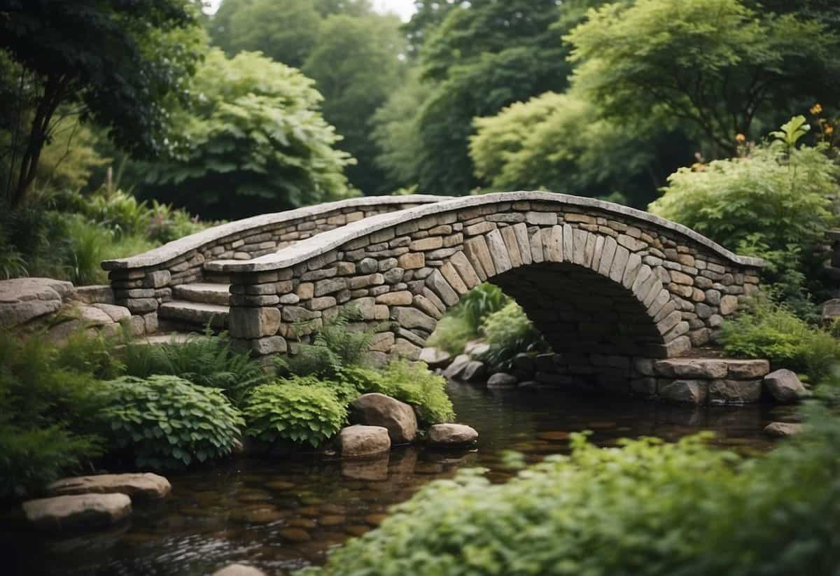 A stone bridge spans a lush garden, blending seamlessly with the natural surroundings. The durable stone material ensures longevity and complements the organic beauty of the landscape