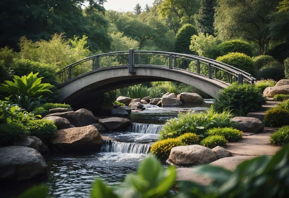 A bridge over water with cascading water features and lush garden landscaping underneath