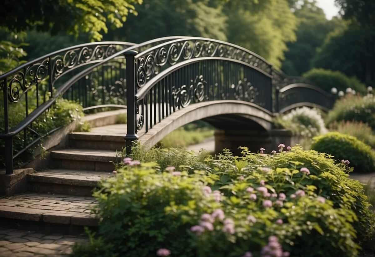 A bridge with ornate railings winds through a lush garden, adorned with decorative elements