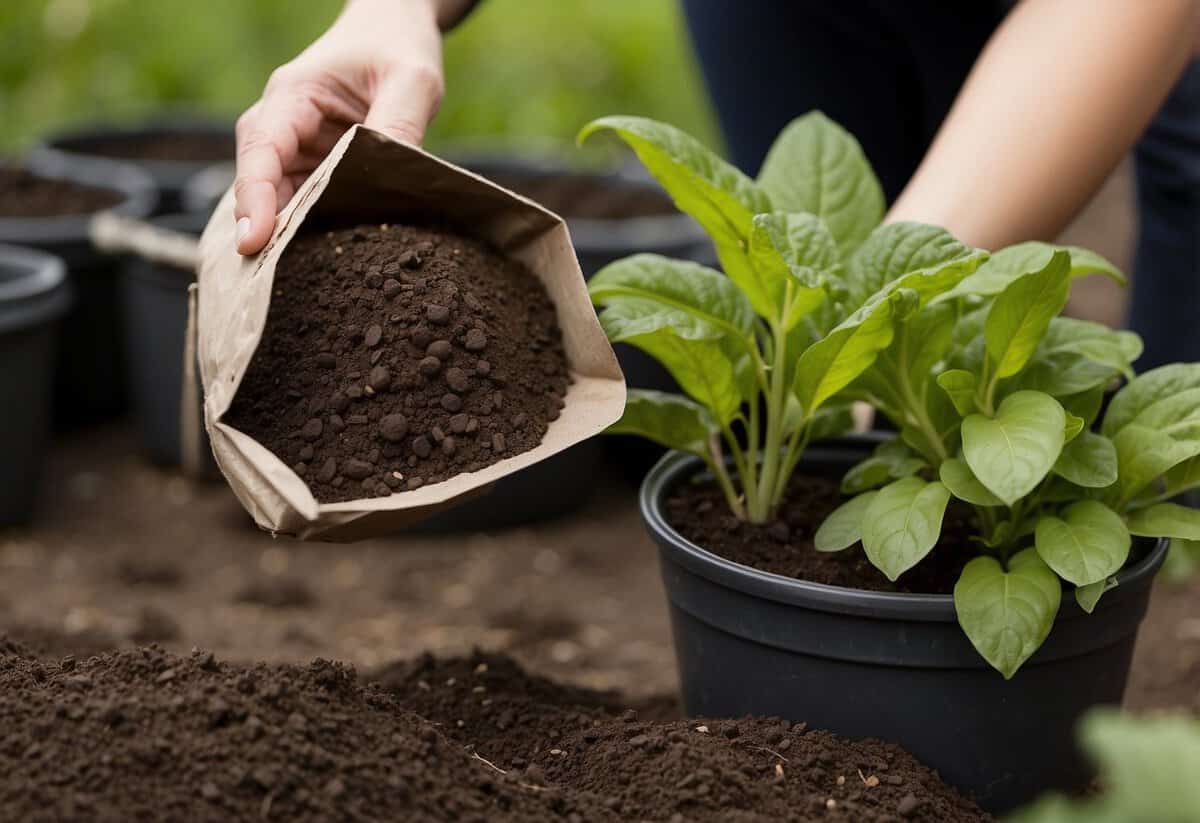 A person examining a bag of garden soil, checking for organic content and reading the label for buying tips