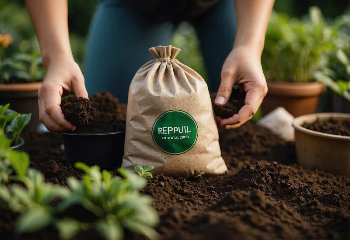 A person holding a bag of soil with reputable brand logos visible, surrounded by lush green plants and gardening tools