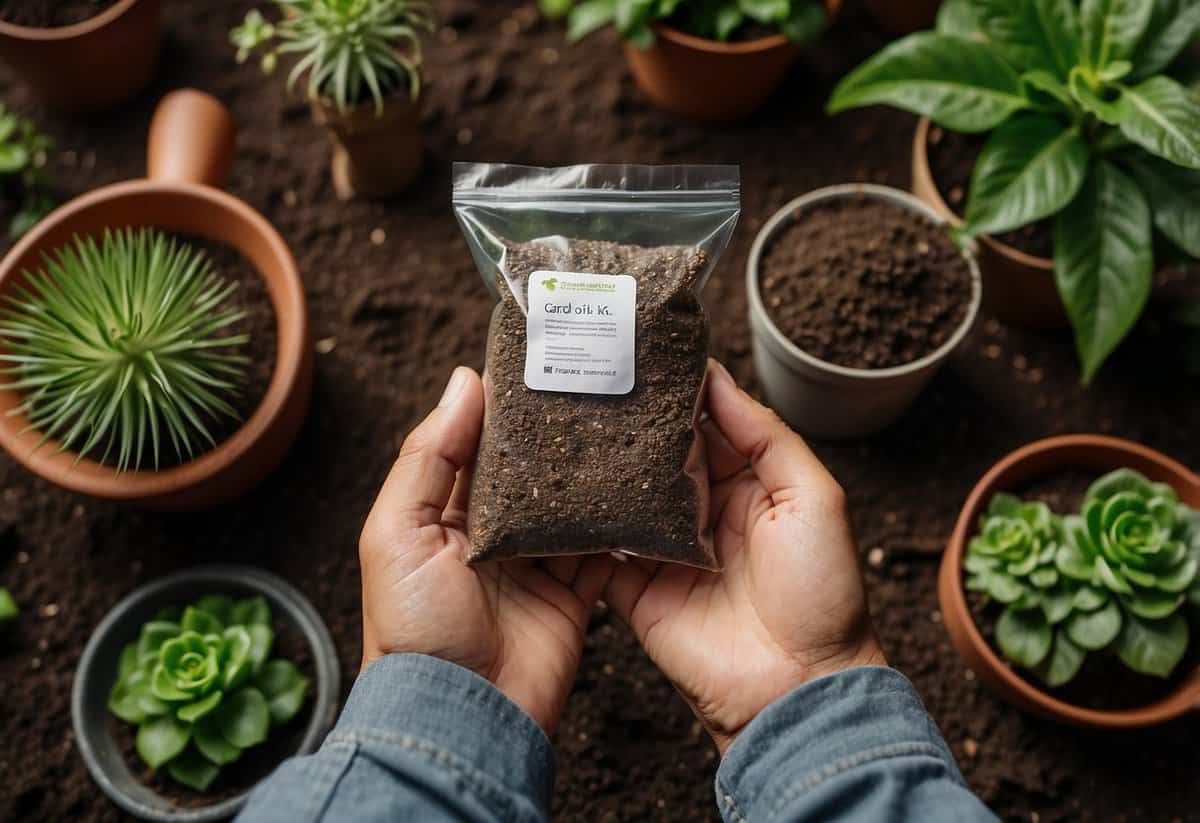 A person holding a bag of garden soil with a visible certification label, surrounded by various plants and gardening tools