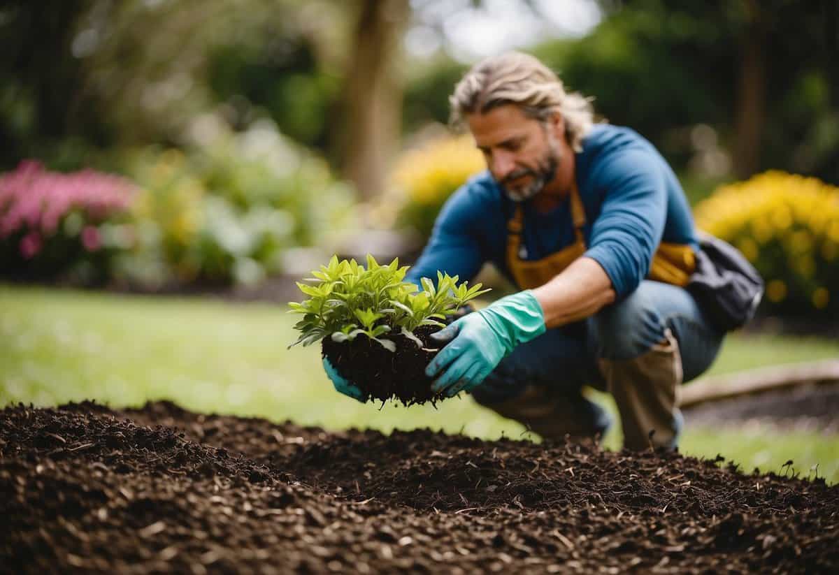 A person spreading mulch around plants in a garden, using sustainable methods. The garden is in New Zealand and the scene is bright and vibrant