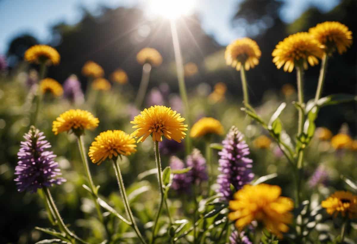 A lush garden filled with vibrant, bee-friendly flowers in New Zealand. The garden is designed with sustainable practices in mind, creating a beautiful and eco-friendly space for pollinators