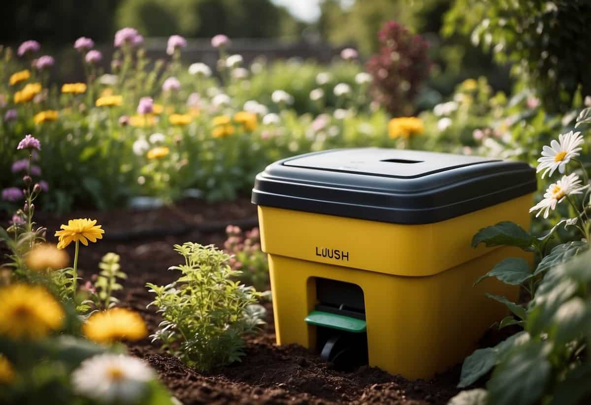 Lush garden with diverse plants, compost bin, and rainwater collection system. Bees and butterflies fluttering around. Signage with sustainable gardening tips