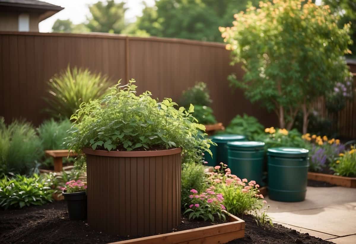 Lush garden with rain barrels, drip irrigation, and native plants. Compost bin and mulch help retain moisture. No wasteful sprinklers