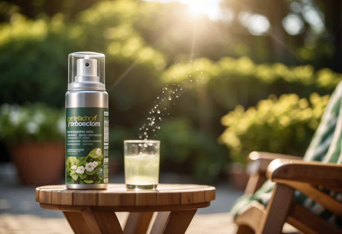 A person applies UV protectant spray to outdoor furniture in a sunny garden setting. The furniture is clean and well-maintained, surrounded by lush green plants