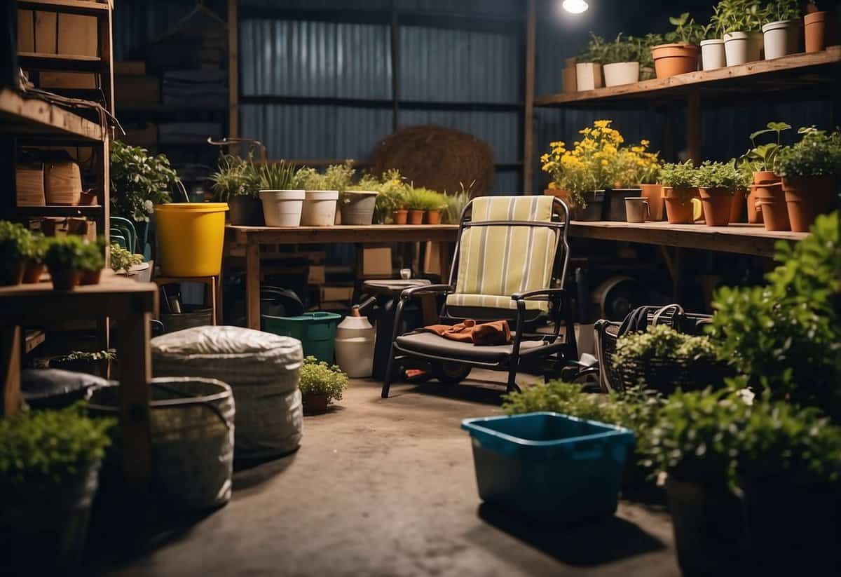 A stack of garden furniture sits in a dimly lit storage room, covered with protective tarpaulins and surrounded by gardening tools and supplies