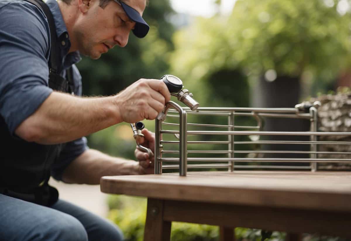 The outdoor garden furniture is being inspected for loose screws. A person is checking each piece carefully to ensure they are secure