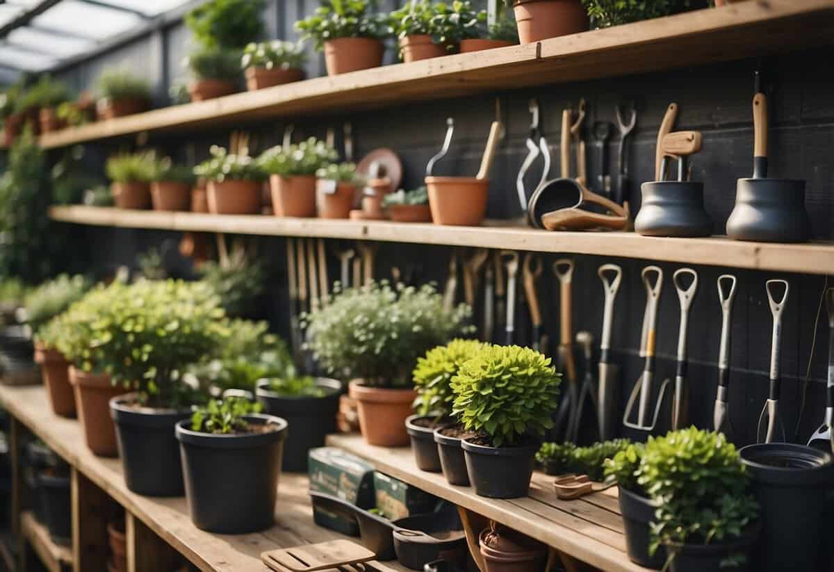 A variety of high-quality gardening tools neatly displayed on shelves in a well-lit garden centre