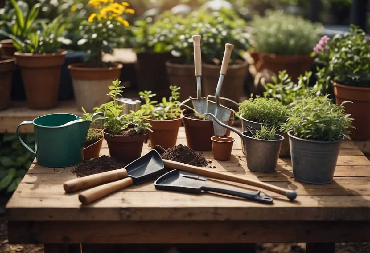 A table with various basic garden tools and materials, such as shovels, watering cans, pots, and soil, arranged neatly for a DIY project