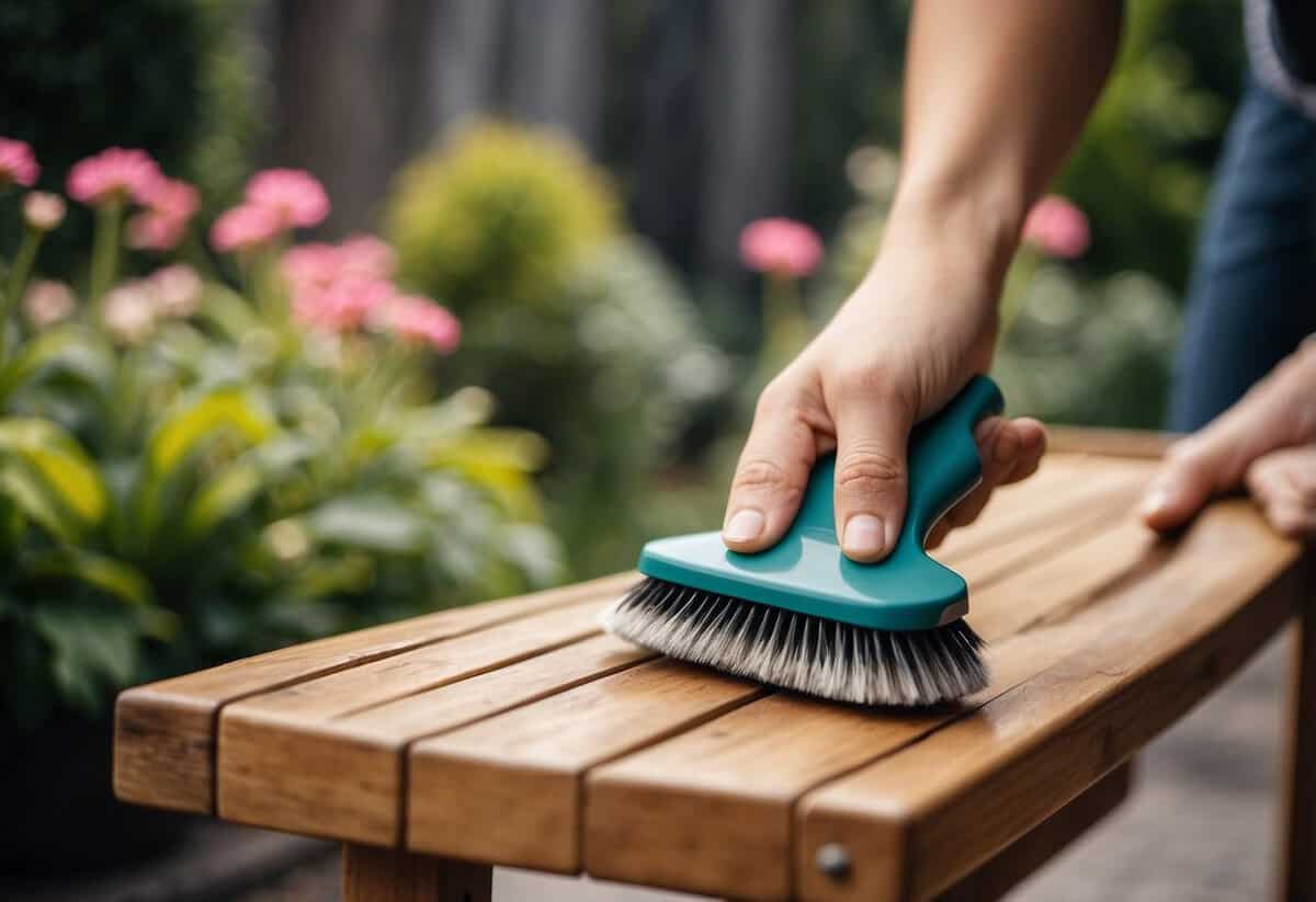 A hand holding a soft brush, gently cleaning garden furniture