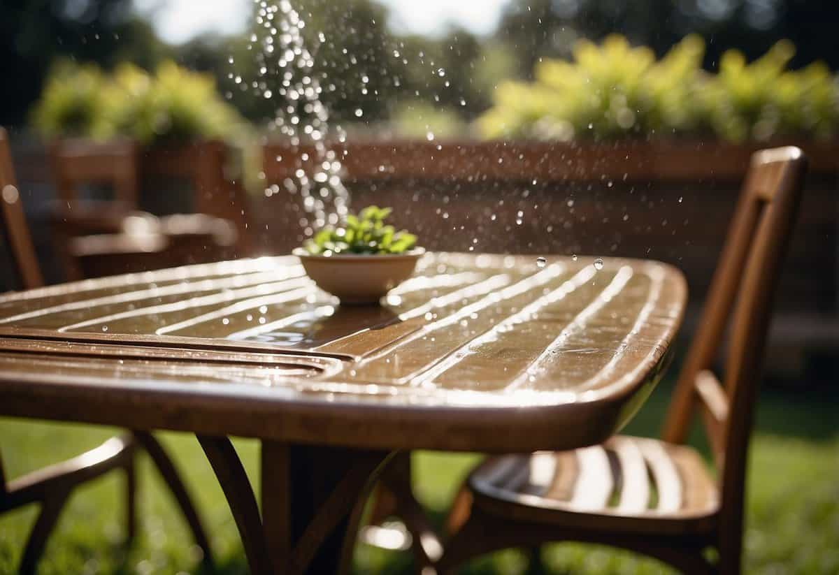 Garden furniture being rinsed with water, droplets splashing off surfaces