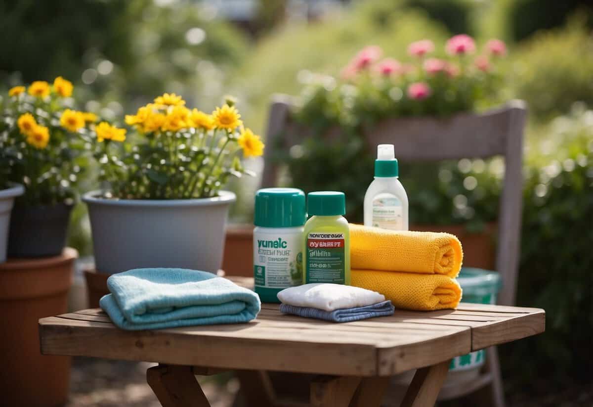 Garden furniture covered, surrounded by cleaning supplies and tools. Off-season tips displayed nearby