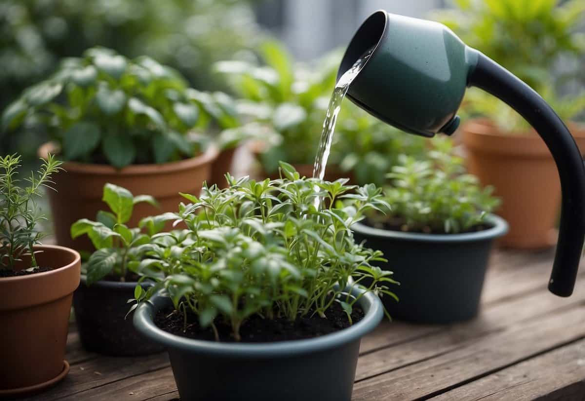 Water gently pours from a watering can onto herb containers