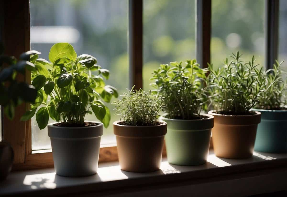 Herb containers on a sunny windowsill. Pots filled with basil, rosemary, and thyme. One hand gently turning a pot to rotate the plants