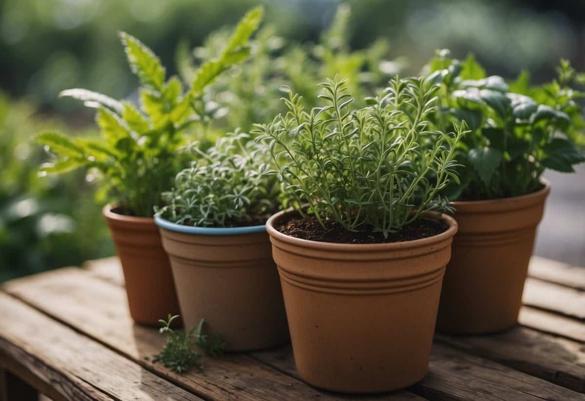 Healthy herbs in containers, with pests and diseases nearby. Keep an eye out for signs of trouble