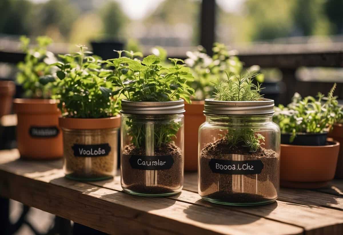 A variety of containers in different shapes and sizes, filled with soil and labeled with the names of various herbs, placed on a sunny patio