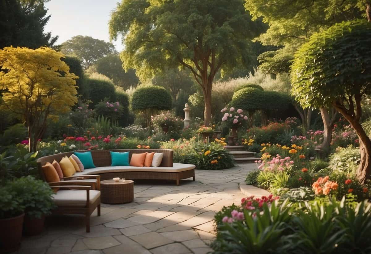 Lush garden oasis with vibrant flowers, towering shade trees, winding pathways, and cozy seating areas