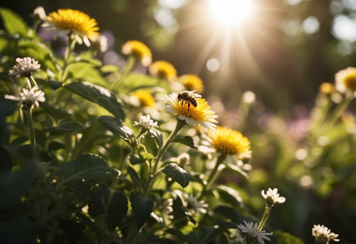 A lush garden with blooming flowers, vibrant vegetables, and buzzing bees. Sunlight filters through the leaves as a gentle breeze rustles the plants