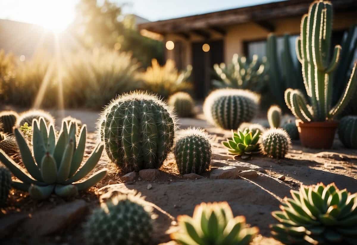 A dry garden with shade structures, cacti, and succulents. Sunlight filters through the structures, casting interesting shadows on the ground