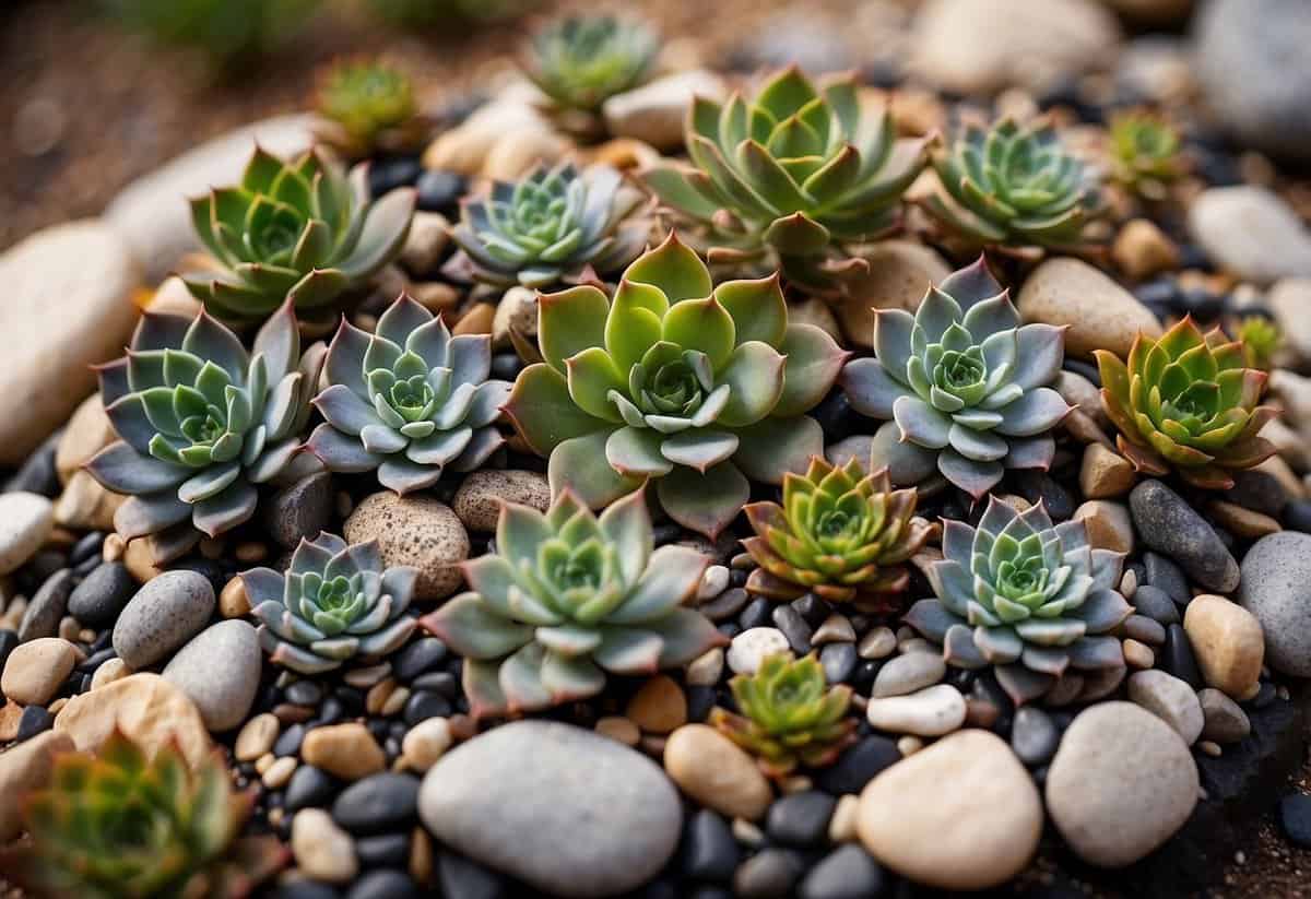 A variety of succulents arranged in a dry garden setting, with gravel and rocks, showcasing different textures and colors