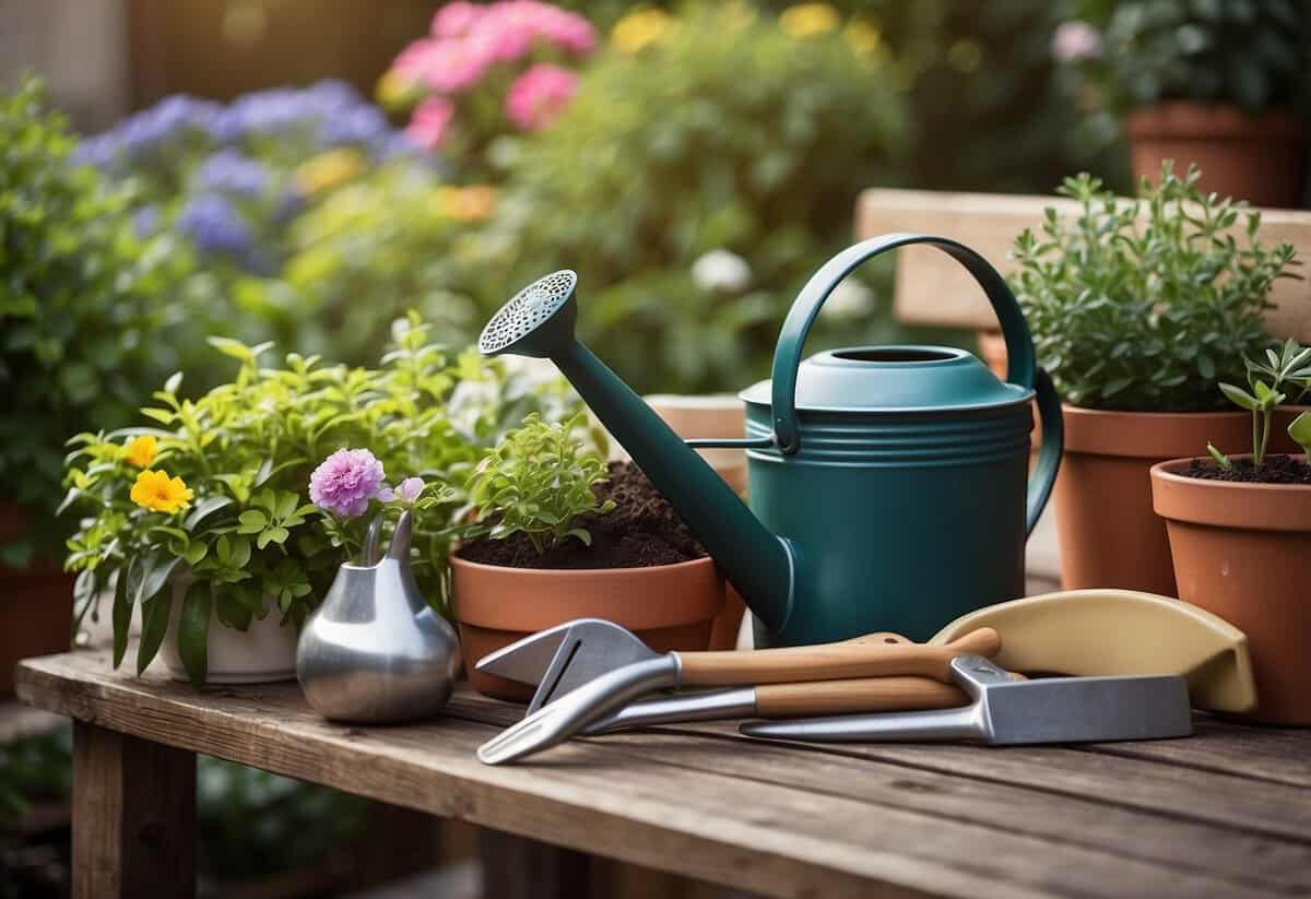 A set of lightweight gardening tools arranged neatly on a bench, with potted plants and a watering can nearby. The scene suggests accessibility and ease for elderly gardeners