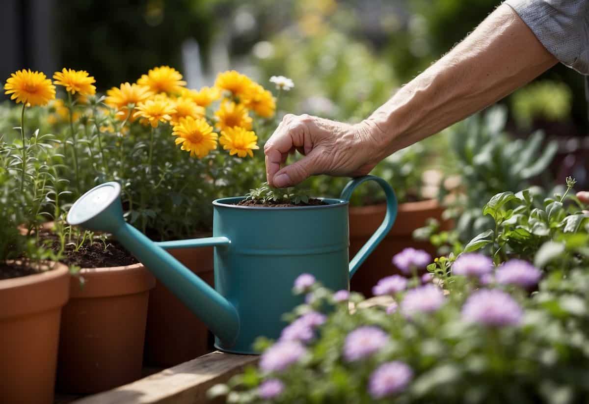 Elderly hands gently tending to raised planters, filled with vibrant flowers and herbs. A small watering can sits nearby, ready to nourish the thriving garden