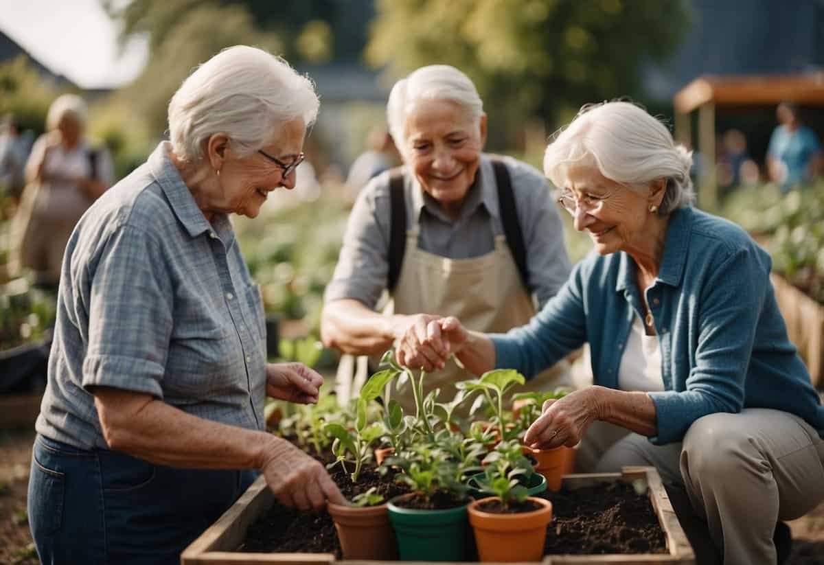 Elderly people exchanging gardening tips in a community garden