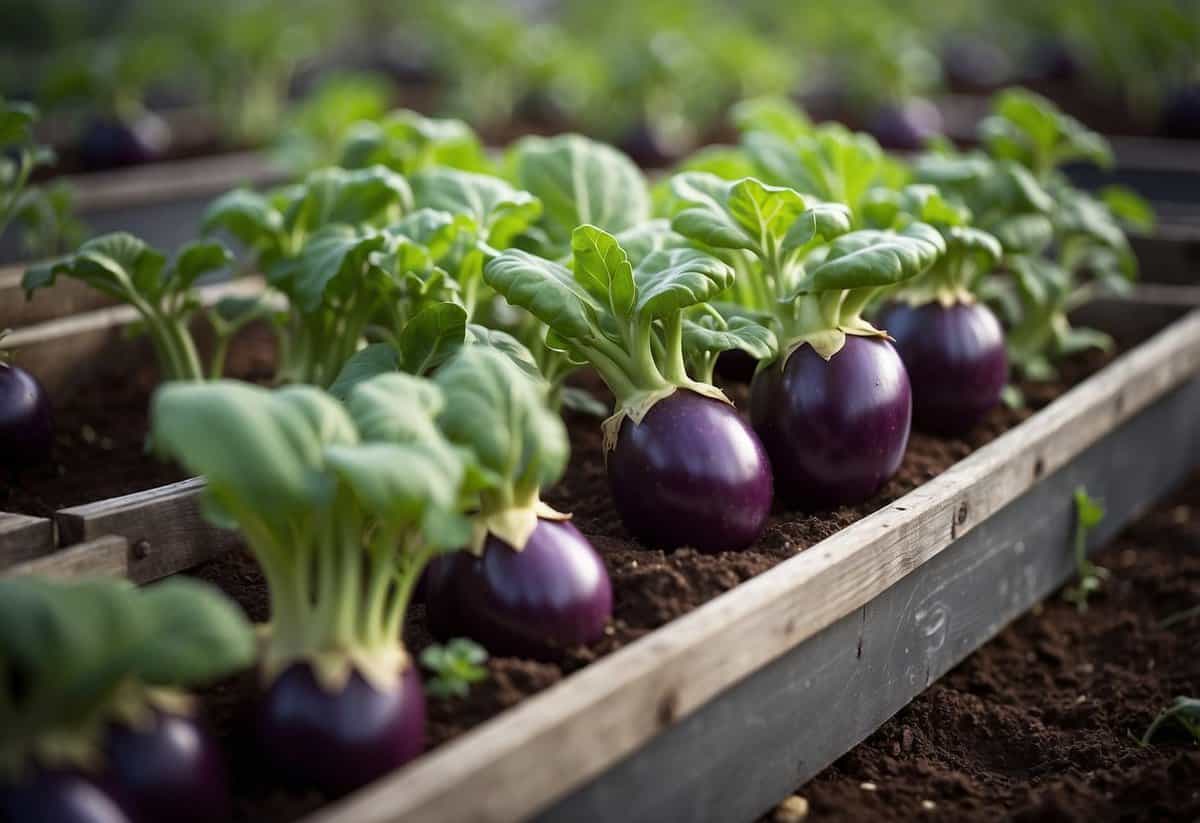 Eggplant garden with raised beds, plants thriving. Tips for successful eggplant gardening