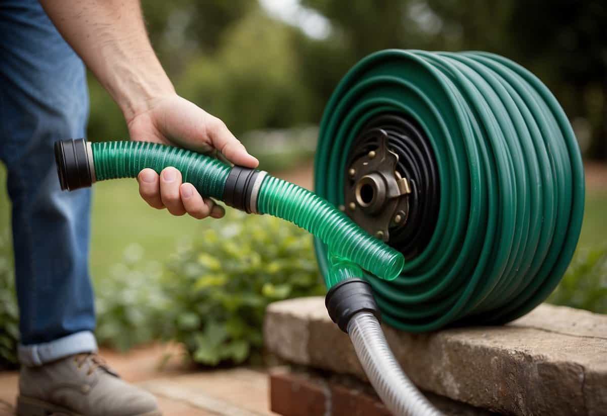 A garden hose is being wound onto a hose reel, with the nozzle attached and the handle being turned to neatly wind up the hose