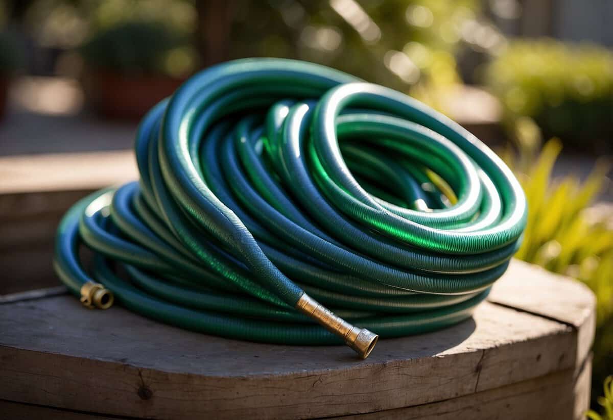 A garden hose coiled and stored in a shaded area, away from direct sunlight