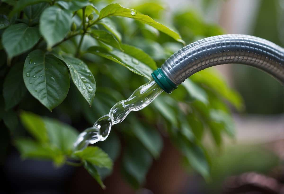 A garden hose lying coiled on a hook, with a water droplet trickling down its length, surrounded by lush green plants and flowers