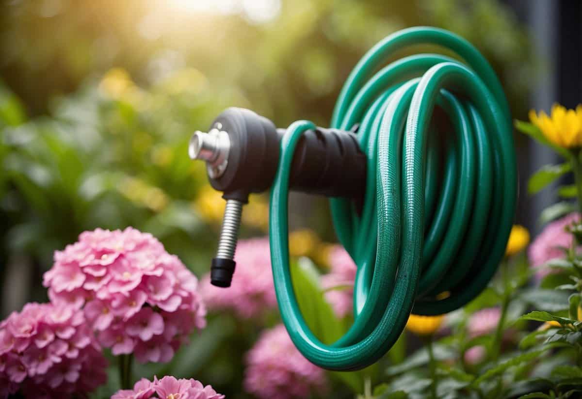 A garden hose hanging neatly on a hose reel, with a nozzle attached and surrounded by blooming flowers and lush green plants