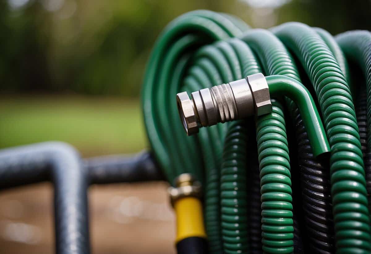 A coiled garden hose sits on a rack, away from sharp objects. A gentle slope prevents kinks. A nozzle rests on a hook, protected from the elements