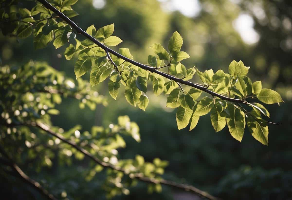 Overgrown branches loom over a north-facing garden, in need of pruning