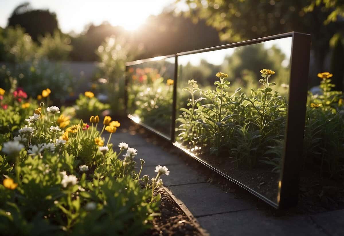 A north-facing garden with mirrors reflecting sunlight onto plants and flowers