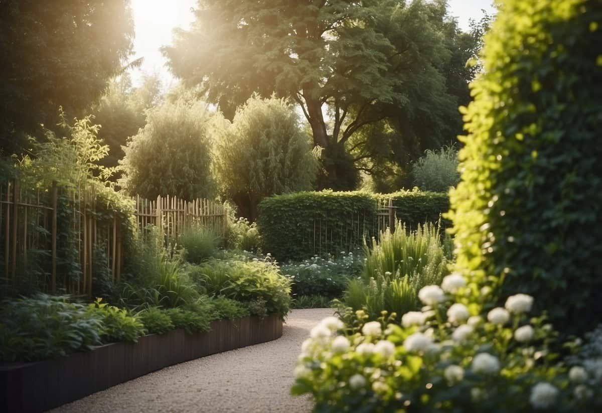 Lush green garden with light-colored walls and fences, bathed in soft northern light