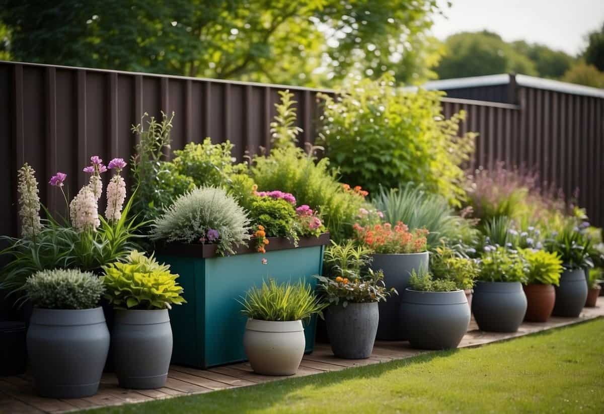 Containers of various sizes and shapes arranged in a north-facing garden, filled with a variety of plants and flowers, providing flexibility and adaptability to the space