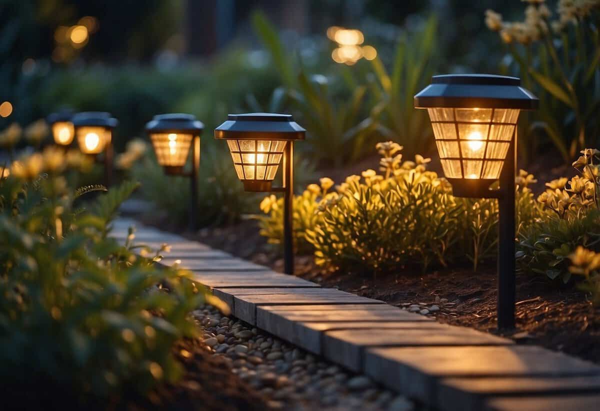 Solar garden lights installed in a north-facing garden, casting a warm glow on the flowerbeds and pathways