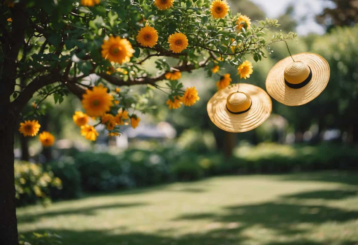 A lush garden with colorful sun hats hanging from tree branches, surrounded by blooming flowers and greenery