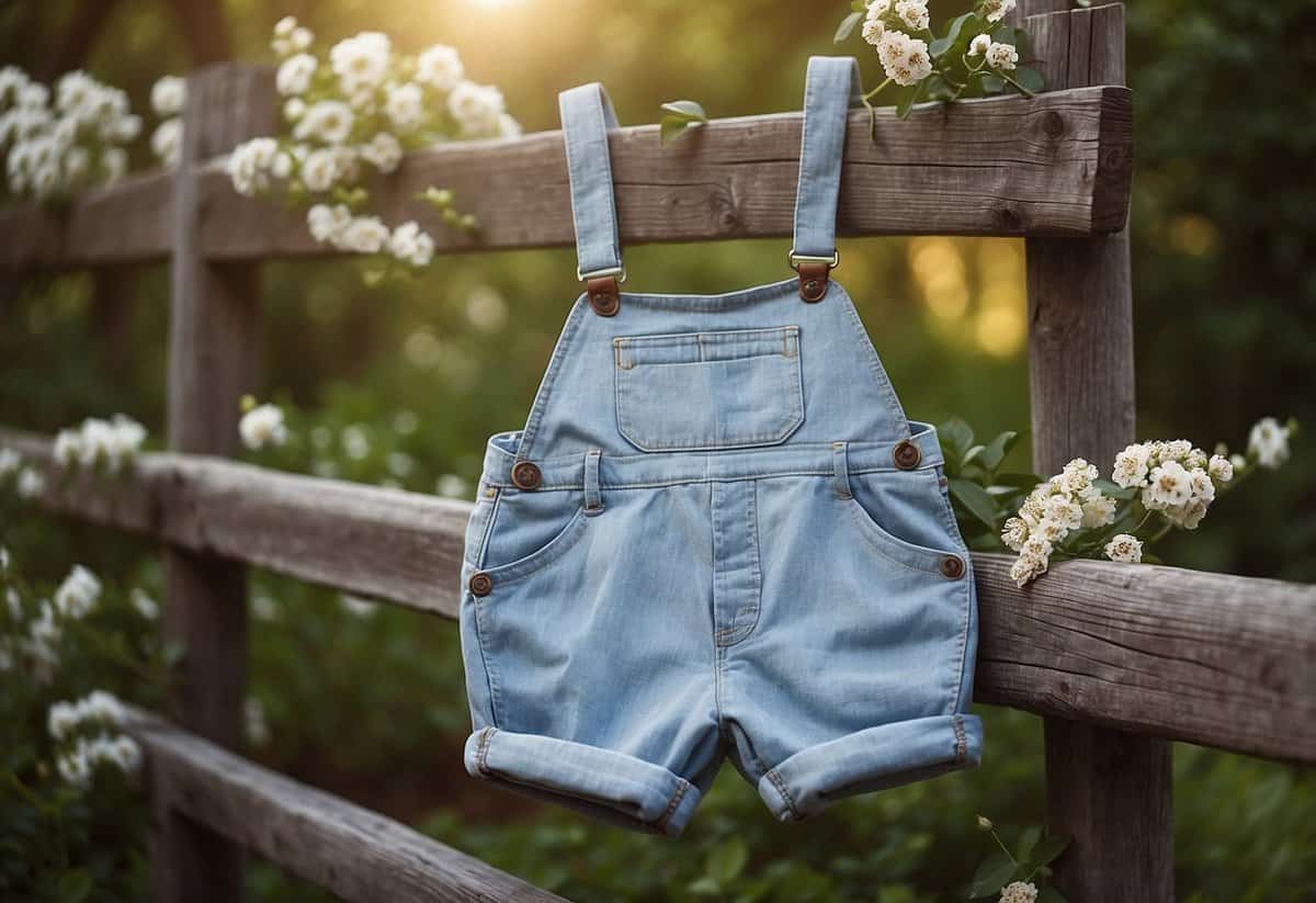 A pair of breathable cotton overalls hanging on a rustic wooden fence, surrounded by blooming flowers and lush greenery