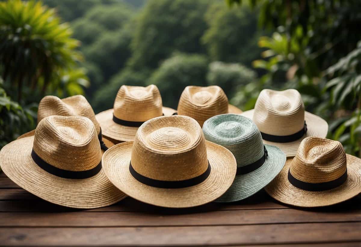 A group of wide-brimmed straw hats arranged on a wooden table in a lush garden setting