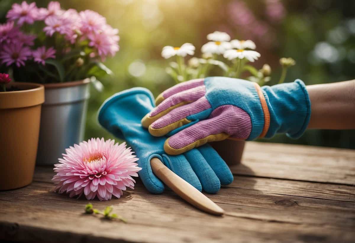 A pair of fingerless gardening gloves displayed on a rustic wooden table, surrounded by colorful blooming flowers and a small trowel