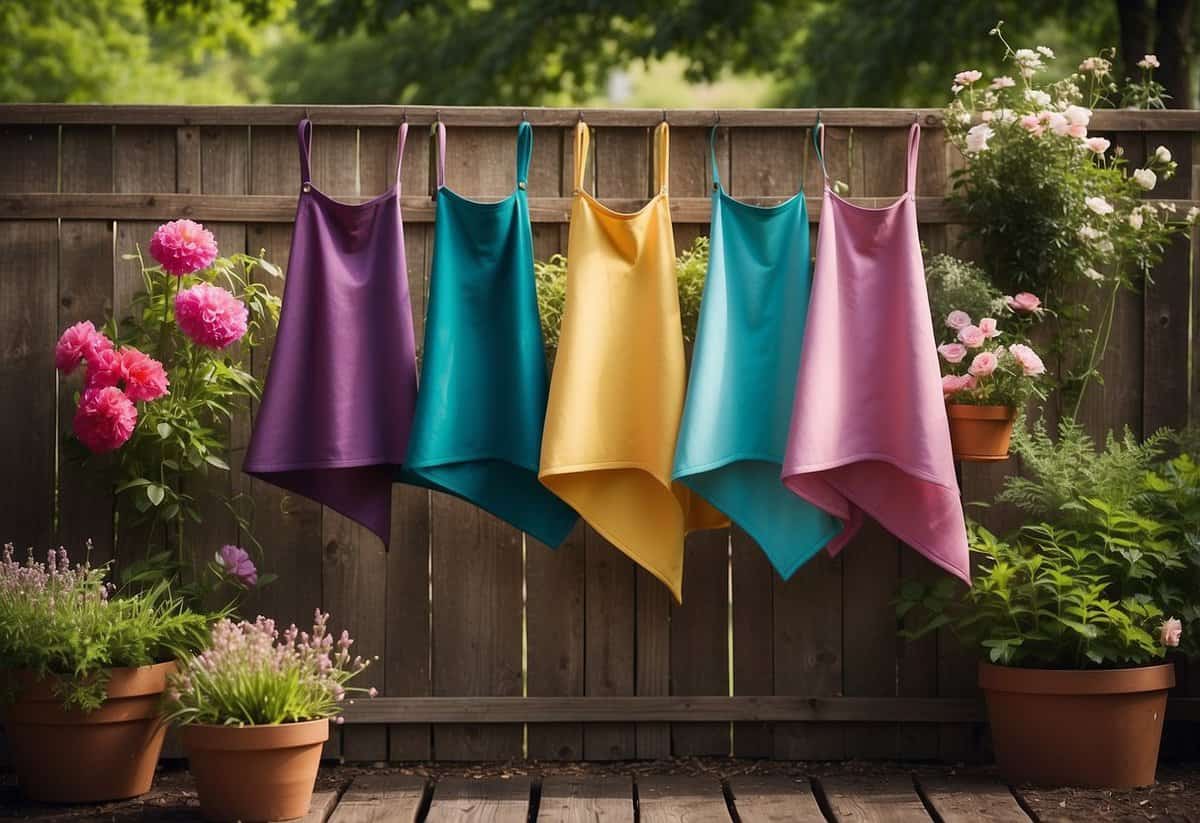 A colorful array of stylish gardening aprons hanging on a rustic wooden fence, surrounded by blooming flowers and lush greenery