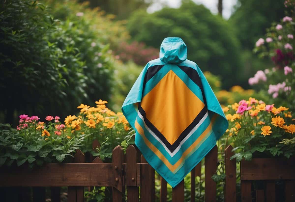 A colorful, lightweight rain poncho hangs on a garden fence, surrounded by blooming flowers and lush greenery