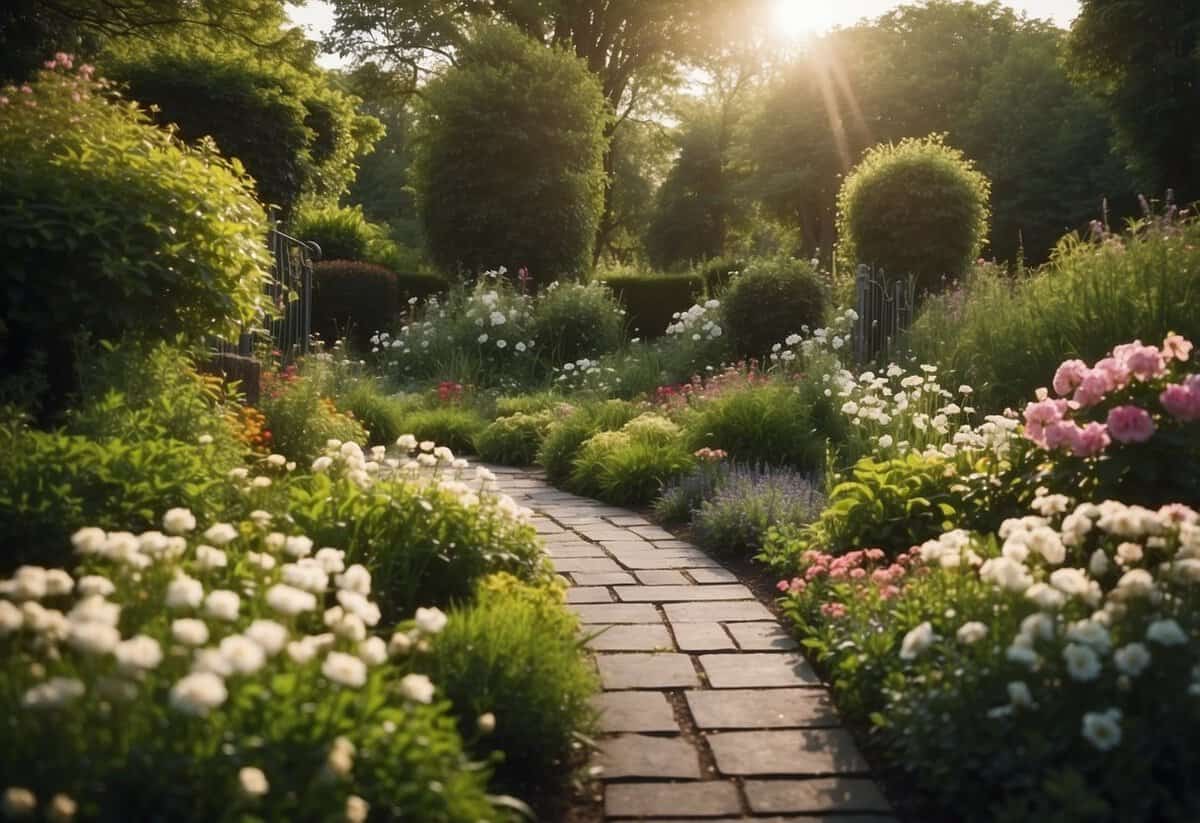 Lush garden with stylish kneelers, surrounded by blooming flowers and vibrant greenery