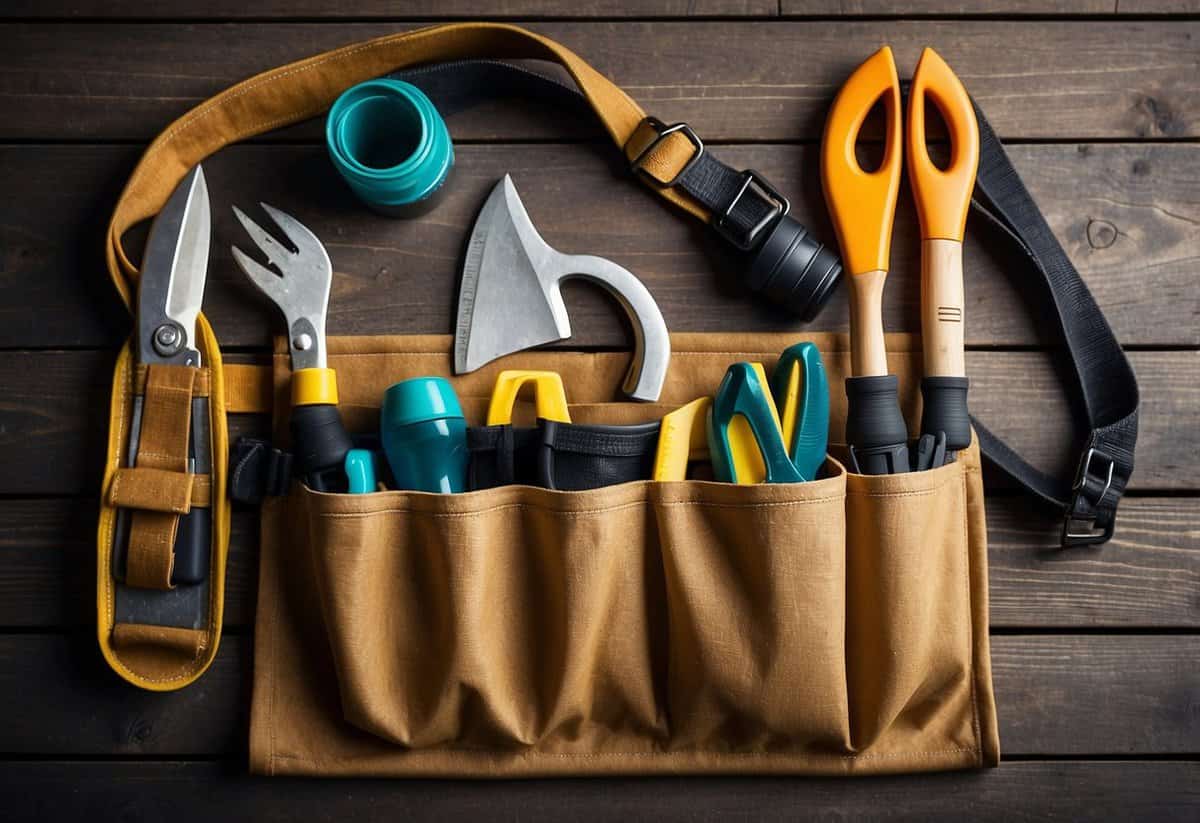 A tool belt with pockets for reusable water bottle, garden gloves, and small hand tools. Made of sustainable materials like hemp or recycled fabric